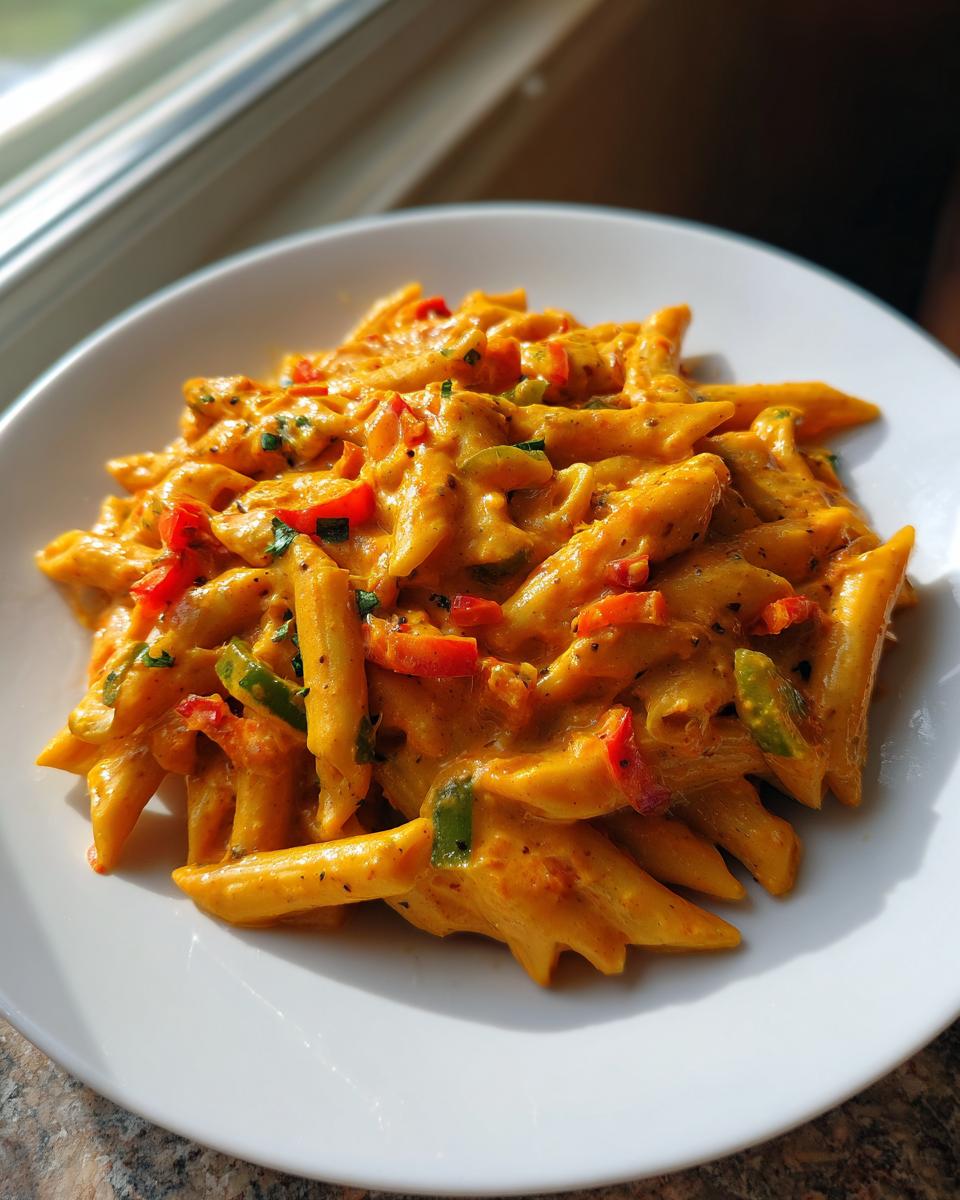 A close-up of creamy Jamaican Rasta Pasta made with penne, coated in an orange sauce with visible red and green bell peppers.