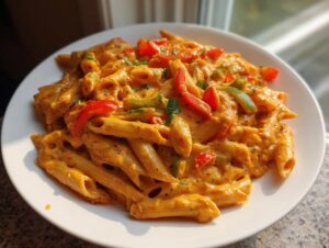 Close-up of creamy Jamaican Rasta Pasta featuring penne coated in an orange sauce with red and green bell peppers.