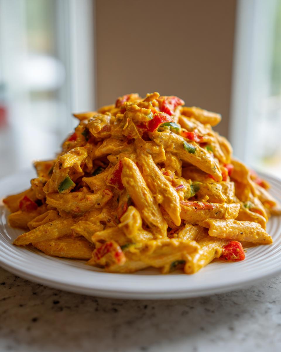 A tall mound of creamy, orange-hued Jamaican Rasta Pasta mixed with red and green peppers on a white plate.