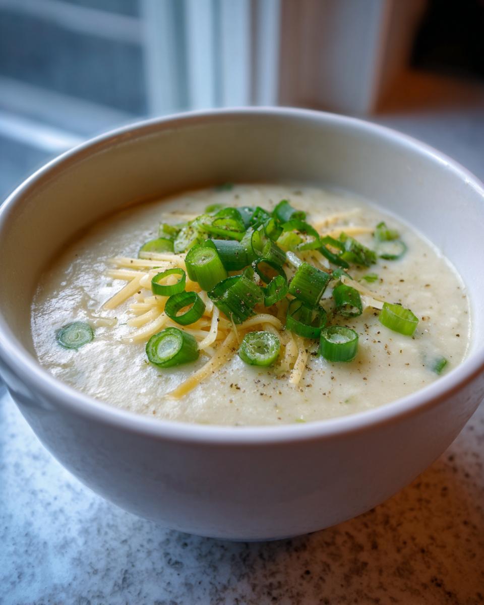 A close-up of a bowl of creamy low calorie potato soup topped generously with shredded cheese and fresh green onions.