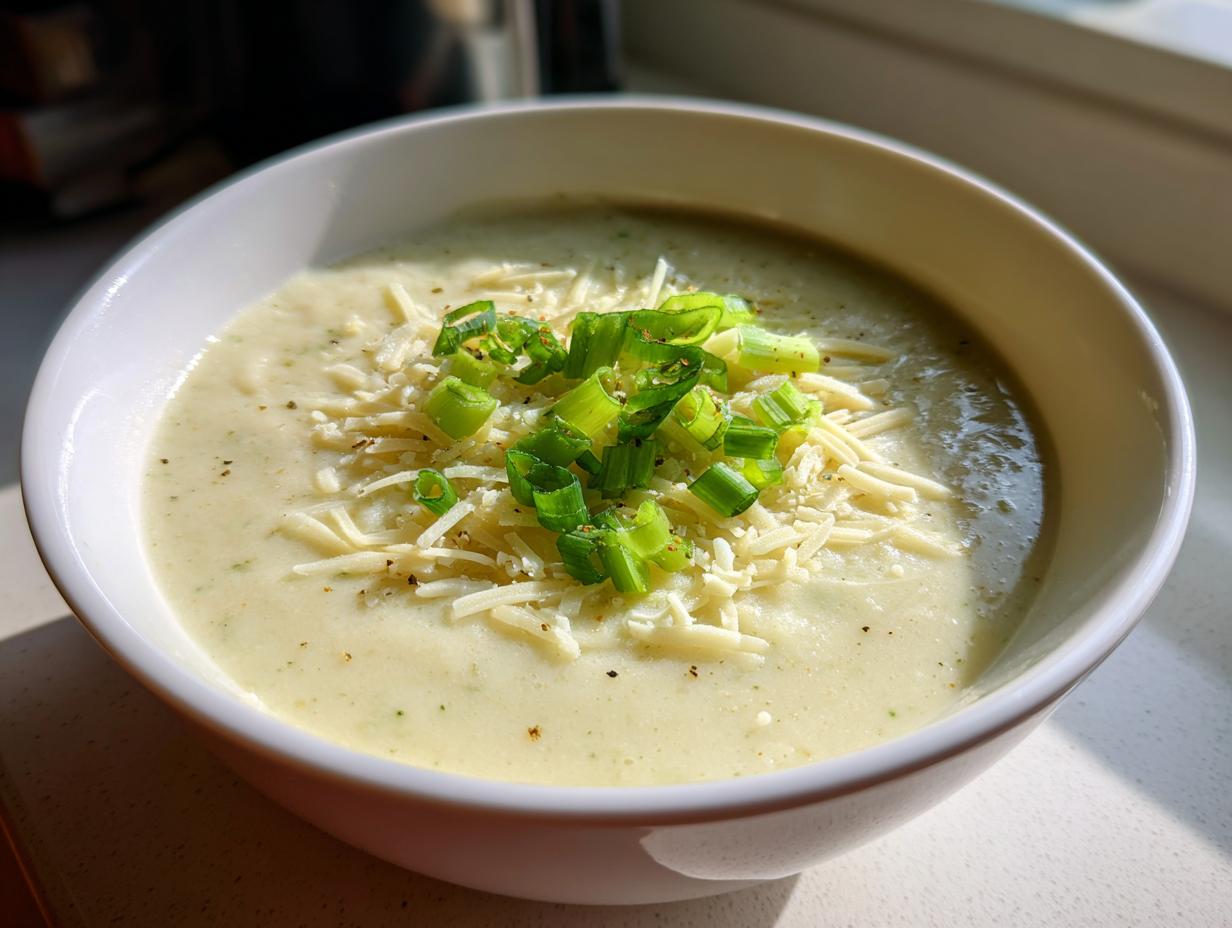 A close-up of a bowl of creamy low calorie potato soup garnished with shredded cheese and fresh chopped green onions.