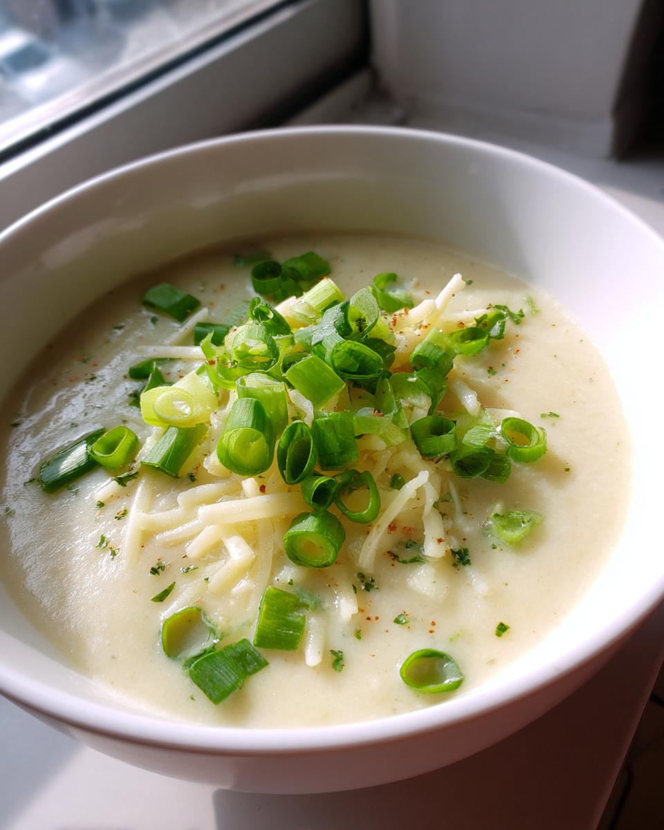 Close-up of a bowl of creamy low calorie potato soup topped generously with shredded cheese and fresh green onions.