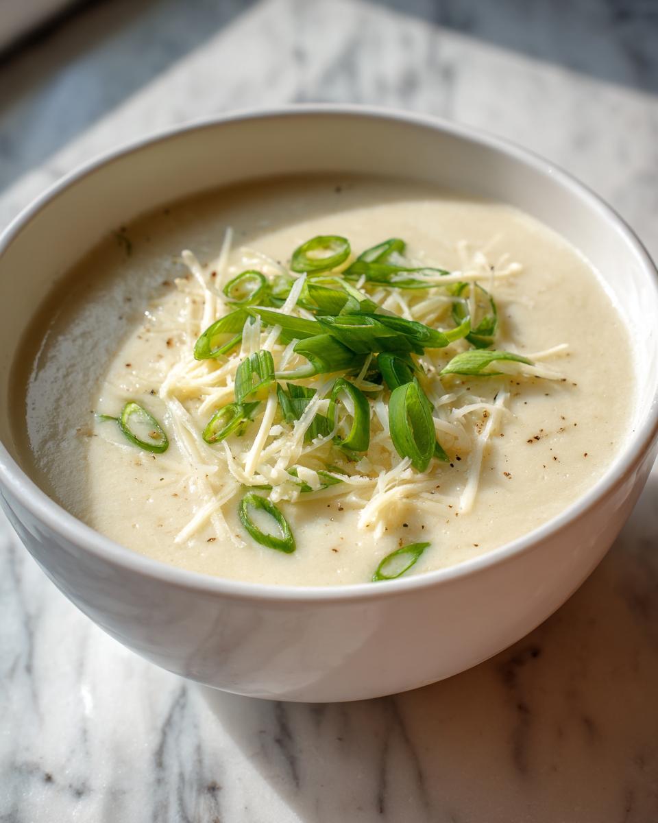 A close-up of a bowl of creamy low calorie potato soup garnished with shredded cheese and sliced green onions.