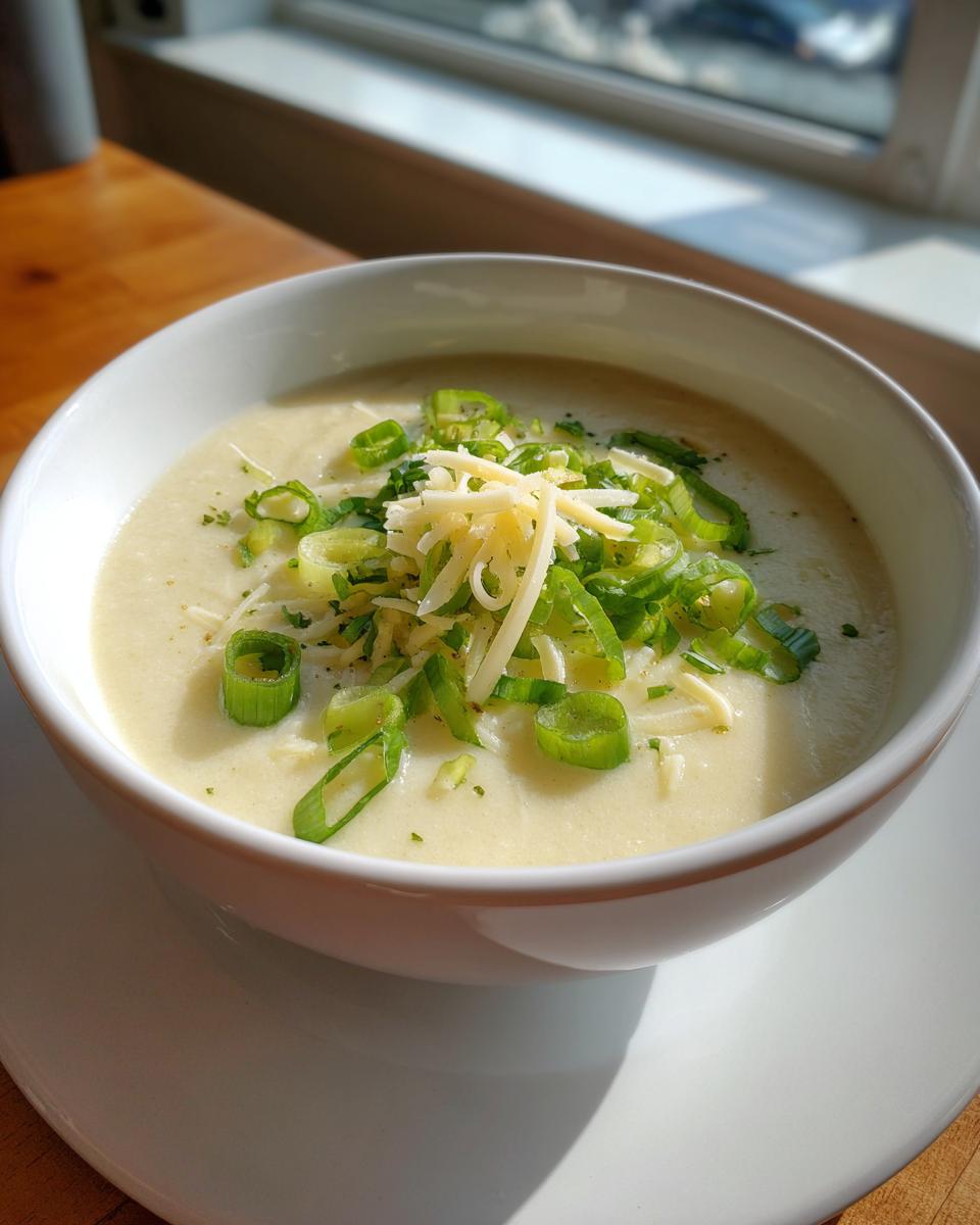 A creamy bowl of low calorie potato soup topped with shredded cheese and fresh green onions.