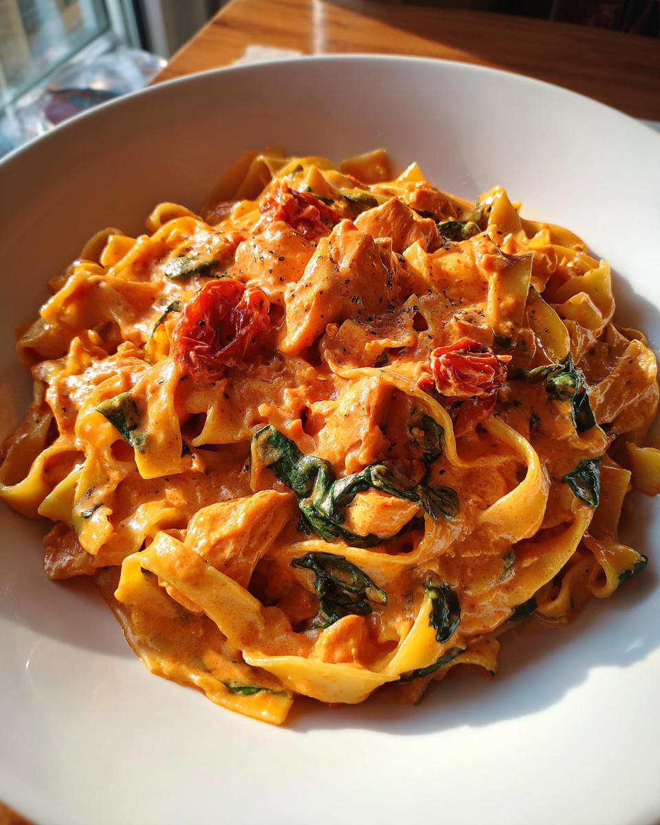 Close-up of creamy Marry Me Chicken Pasta with fettuccine, sun-dried tomatoes, and spinach in a white bowl.