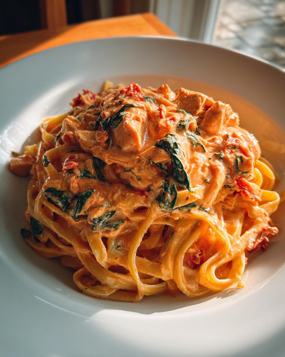 A close-up of creamy marry me chicken pasta featuring fettuccine, chicken pieces, spinach, and sun-dried tomatoes.
