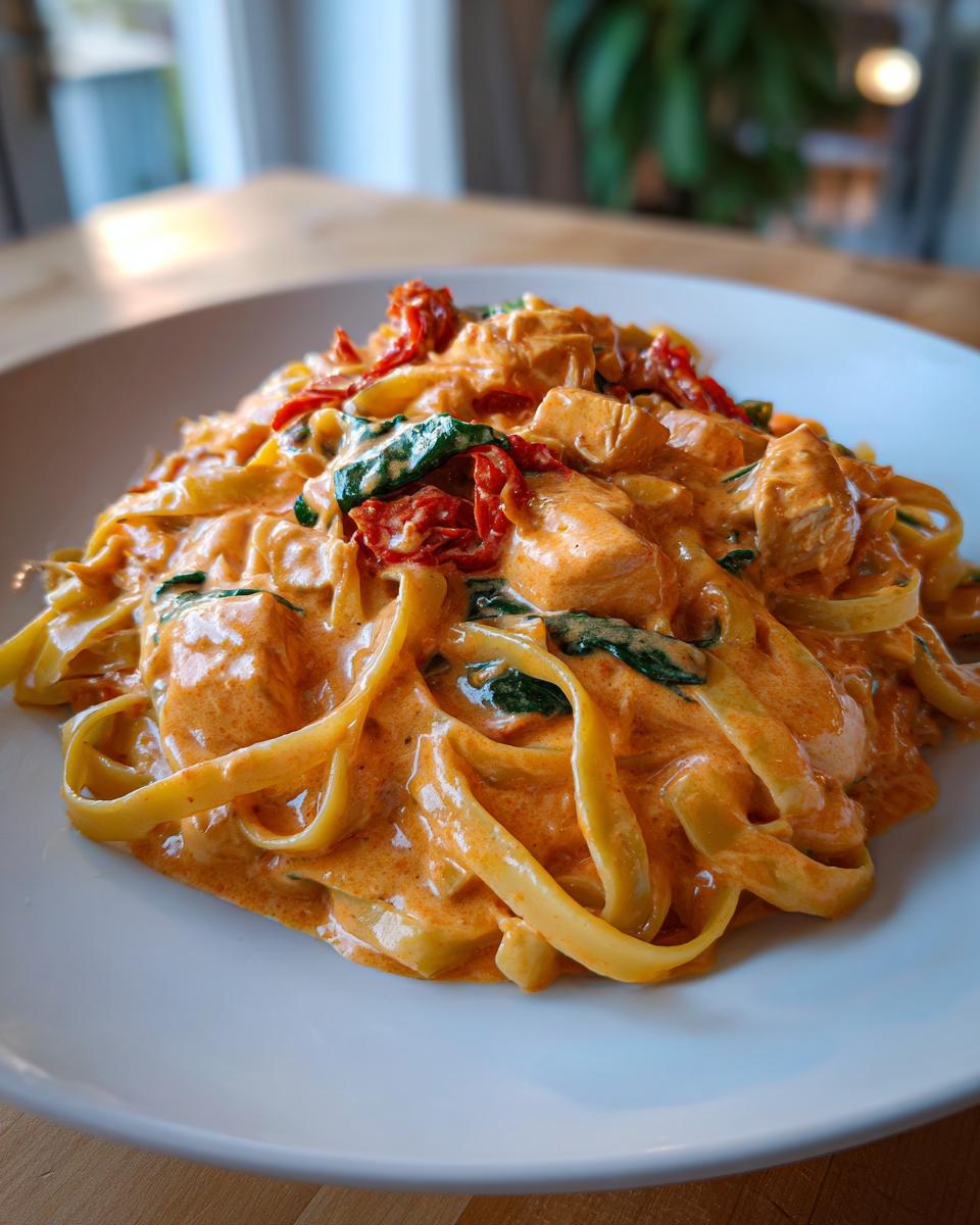 A close-up of a plate of creamy marry me chicken pasta featuring fettuccine, chicken pieces, spinach, and sun-dried tomatoes.
