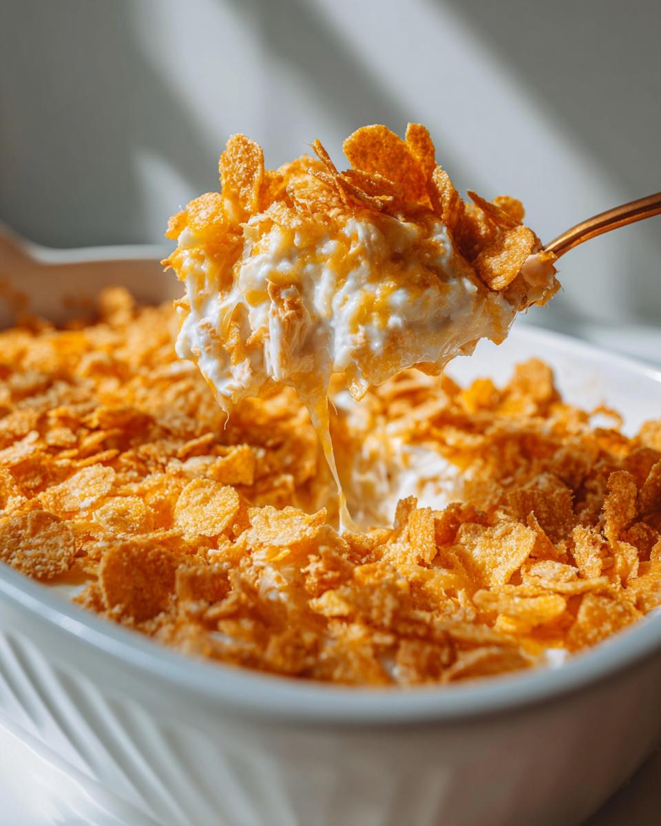 A spoonful of creamy million dollar chicken casserole topped with crunchy cornflakes being lifted from a white baking dish.