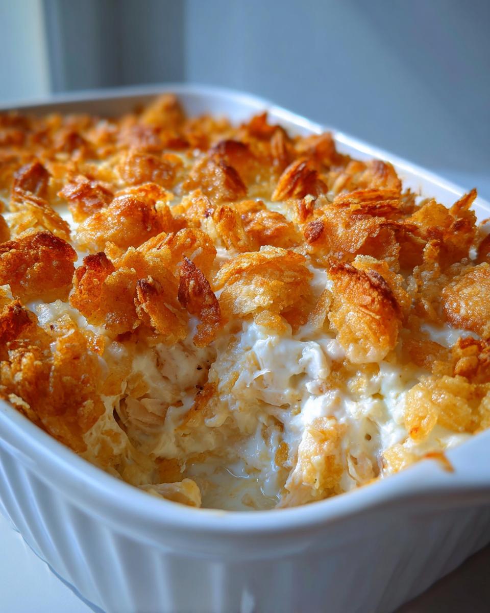 Close-up of creamy million dollar chicken casserole with a golden, crunchy cornflake topping in a white baking dish.
