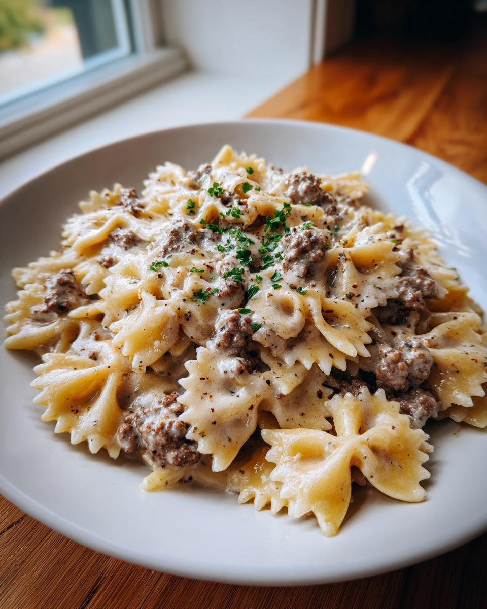 A close-up of creamy parmesan garlic beef bowtie pasta served in a white bowl, garnished with parsley.