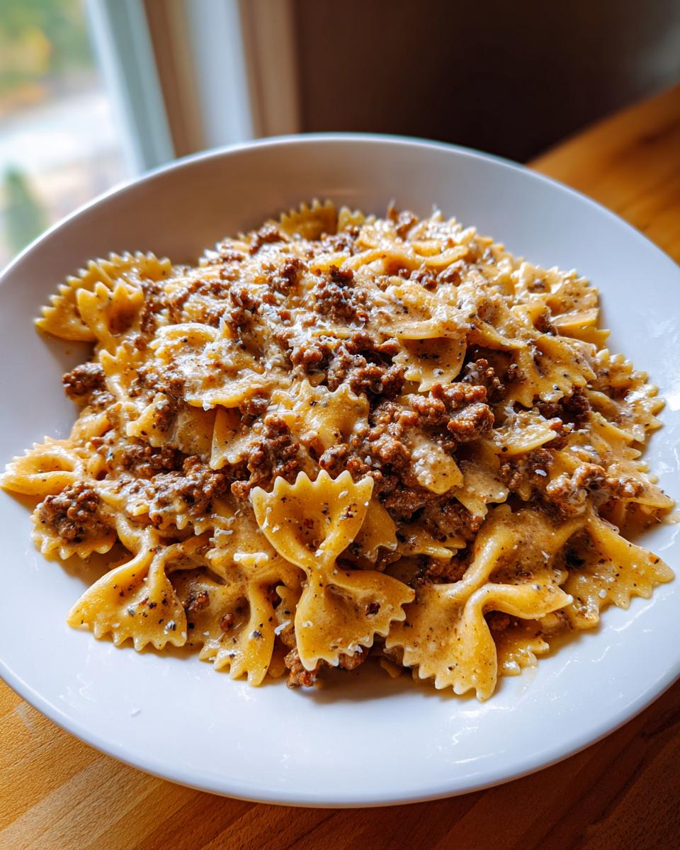 A close-up of creamy parmesan garlic beef bowtie pasta served in a white bowl.