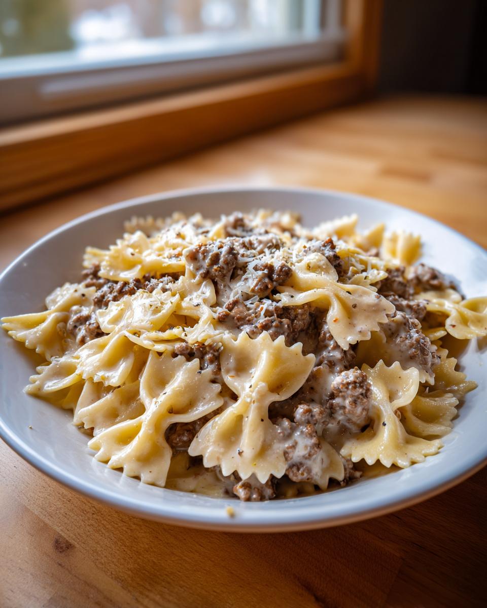 A close-up of creamy parmesan garlic beef bowtie pasta served in a white bowl on a wooden surface.