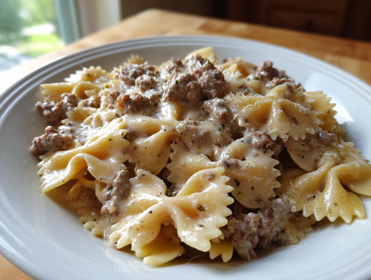 Close-up of creamy parmesan garlic beef bowtie pasta served in a white bowl, featuring rich sauce and ground beef.