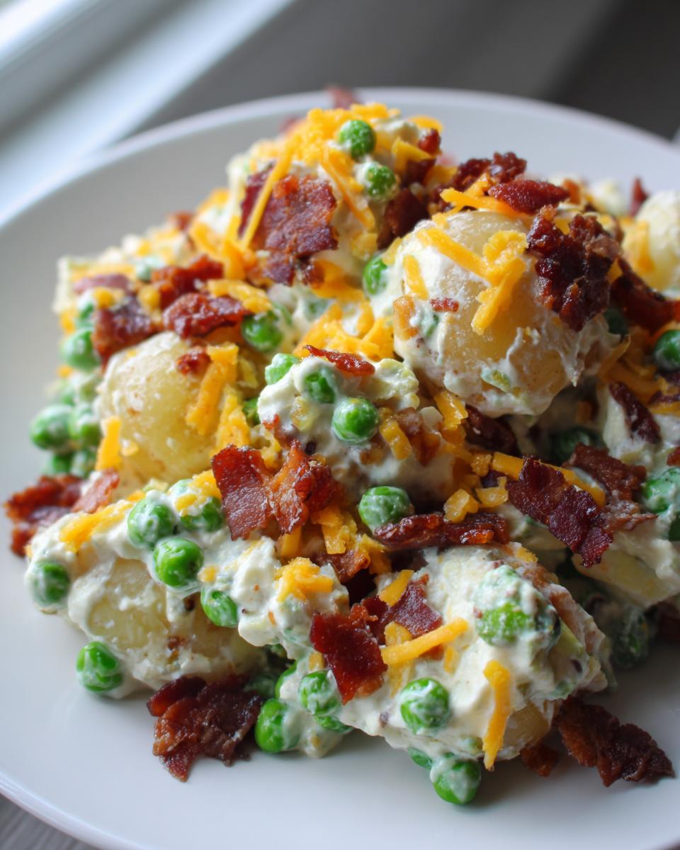 Close-up of a creamy pea salad mixed with potatoes, topped generously with crumbled bacon and shredded cheddar cheese.