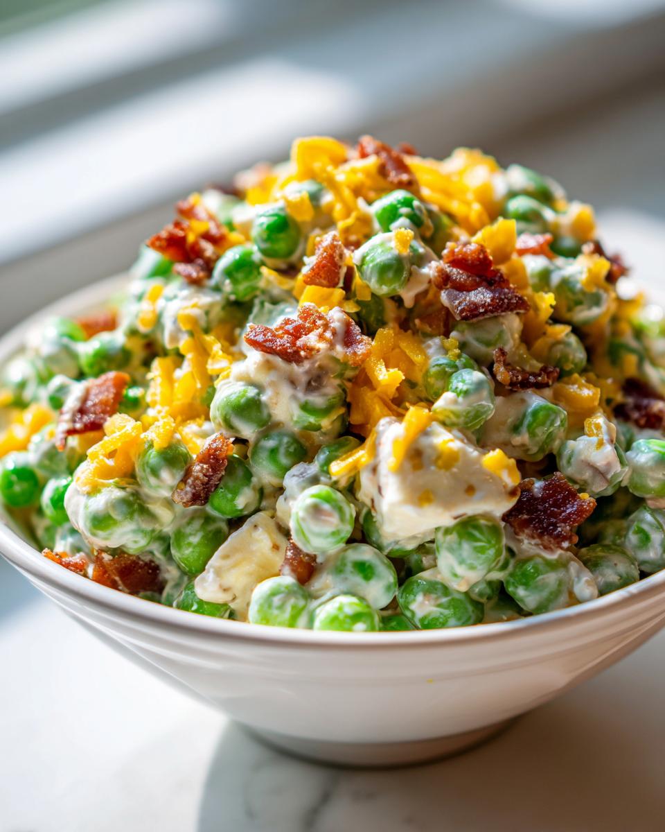 A close-up of a white bowl filled with creamy pea salad, topped generously with shredded cheddar cheese and crispy bacon bits.
