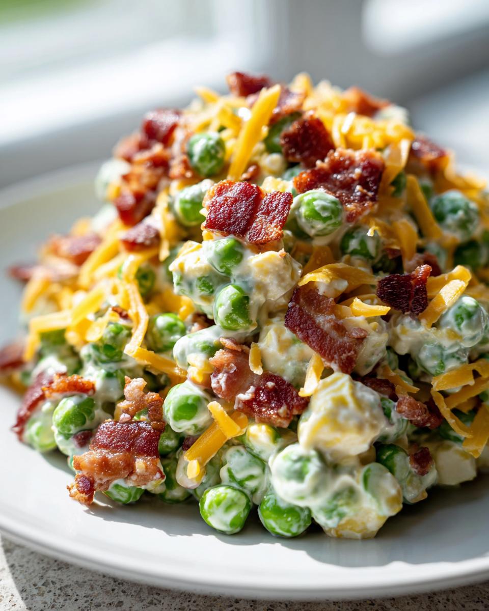 A close-up of a generous serving of creamy pea salad topped with shredded cheddar cheese and crispy bacon bits.
