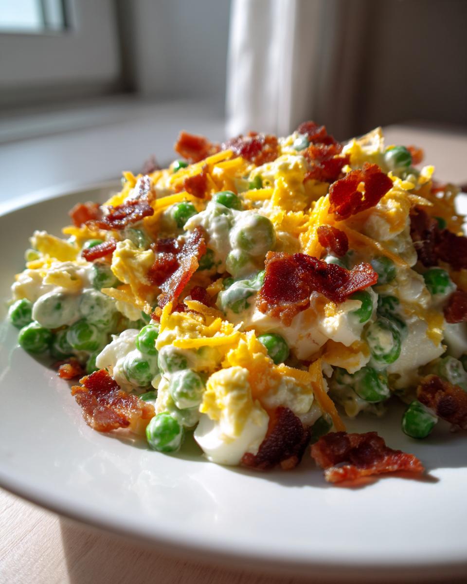 A close-up of a serving of creamy pea salad topped with shredded cheddar cheese and crispy bacon pieces.