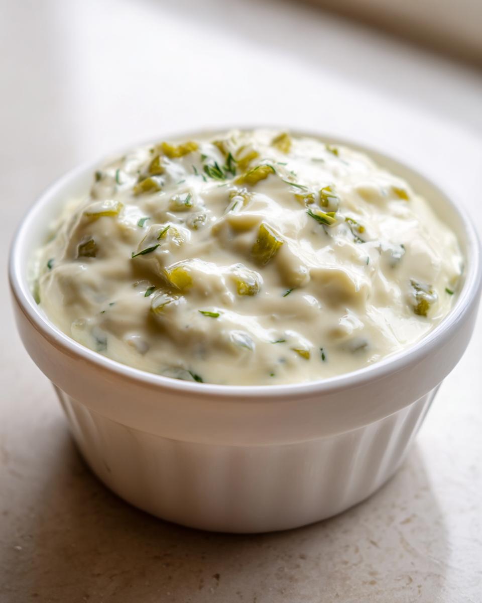 Close-up of a creamy, chunky cheese dip loaded with green pickles and herbs served in a small white ramekin.