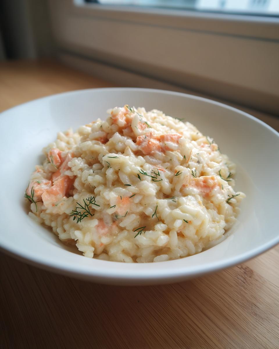 A close-up of creamy salmon lemon risotto topped with fresh dill, served in a white bowl.