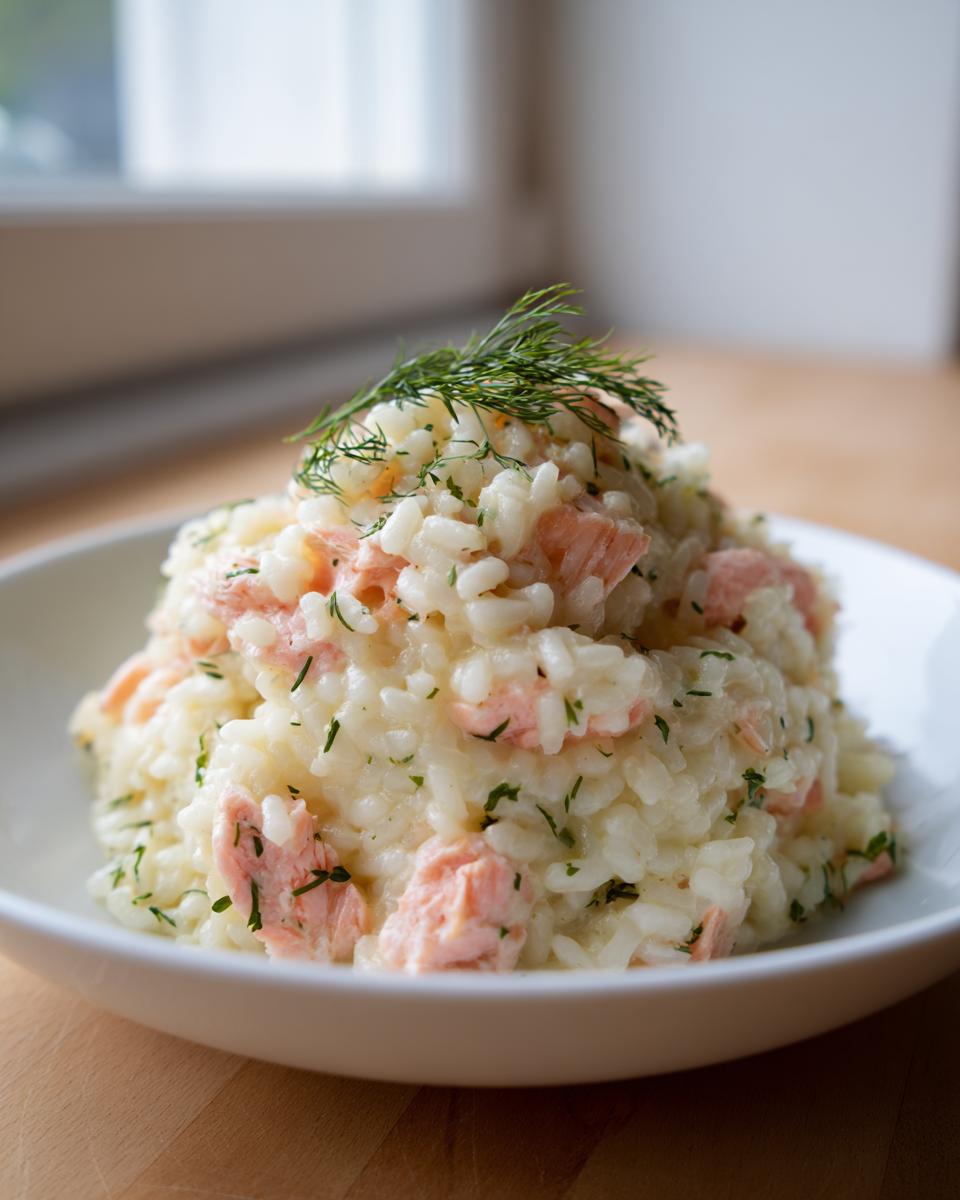 A close-up of creamy salmon lemon risotto served in a white bowl, garnished with fresh dill.