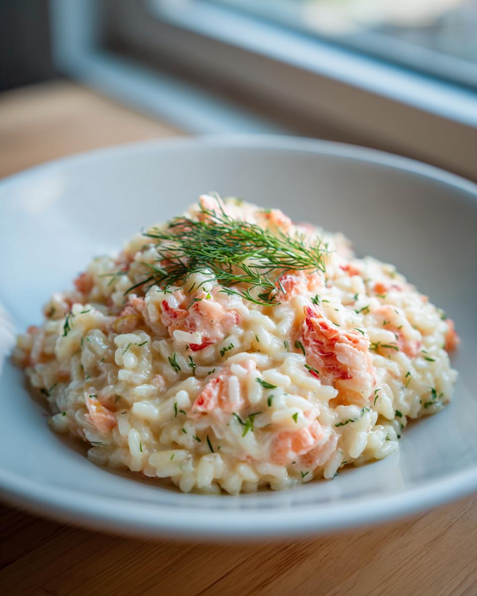 A close-up of creamy salmon lemon risotto served in a white bowl, garnished with fresh dill.