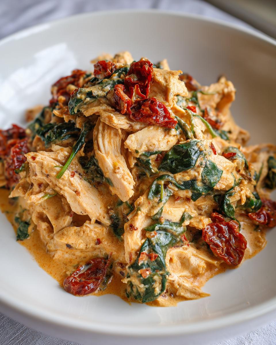 Close-up of shredded slow cooker Tuscan chicken mixed with creamy sauce, spinach, and sun-dried tomatoes.