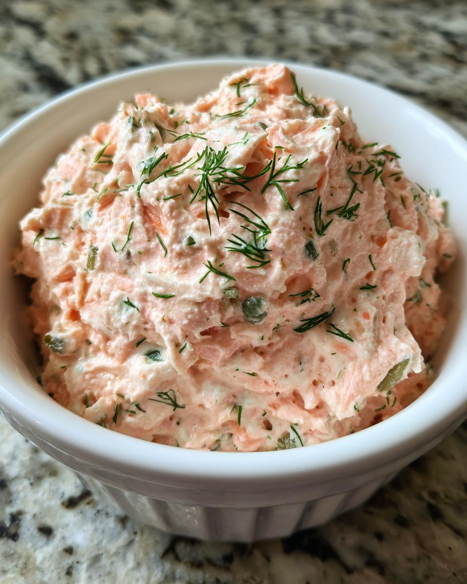 A white bowl filled with creamy, pink smoked salmon dip, garnished generously with fresh dill.