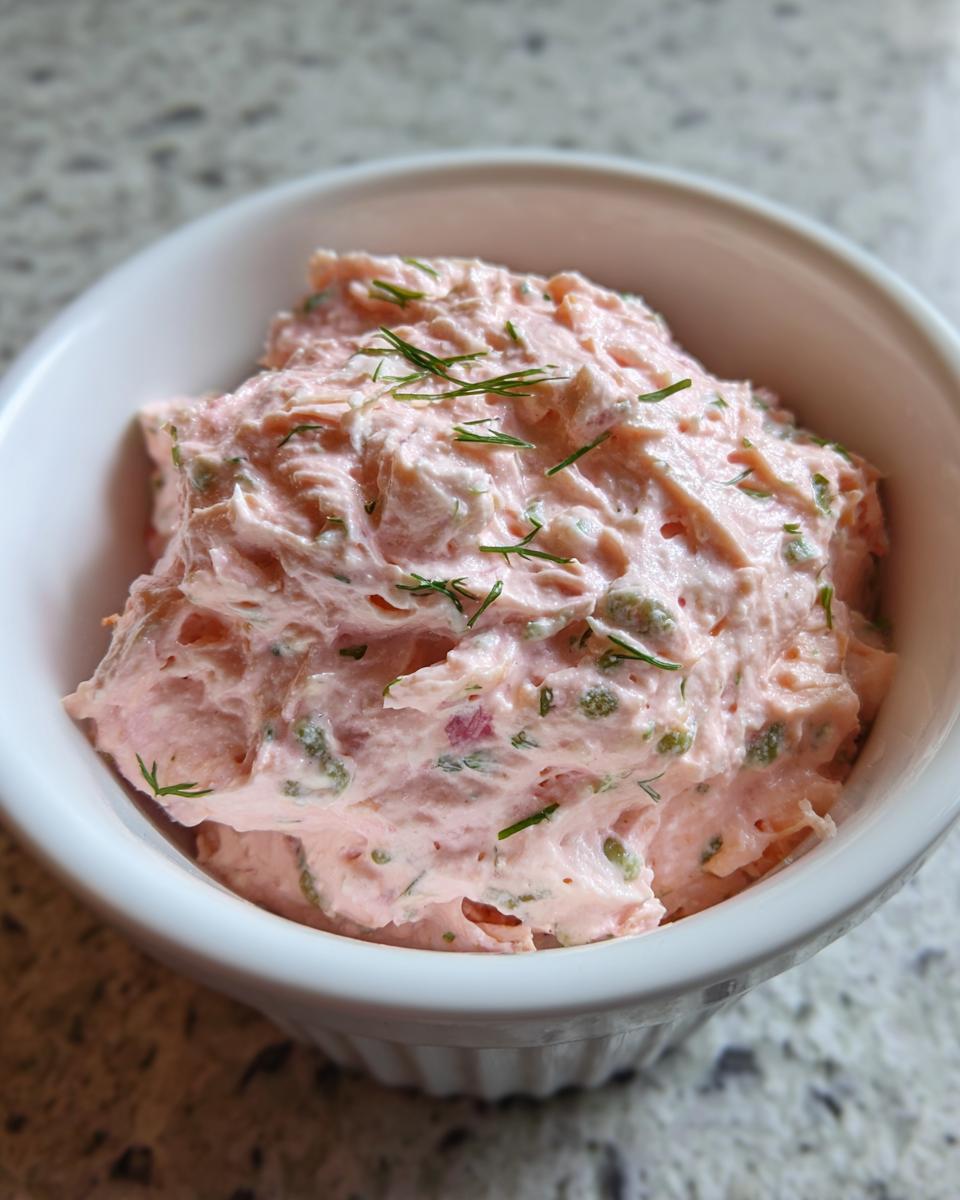 A close-up view of creamy, pink smoked salmon dip garnished with fresh dill in a small white ramekin.