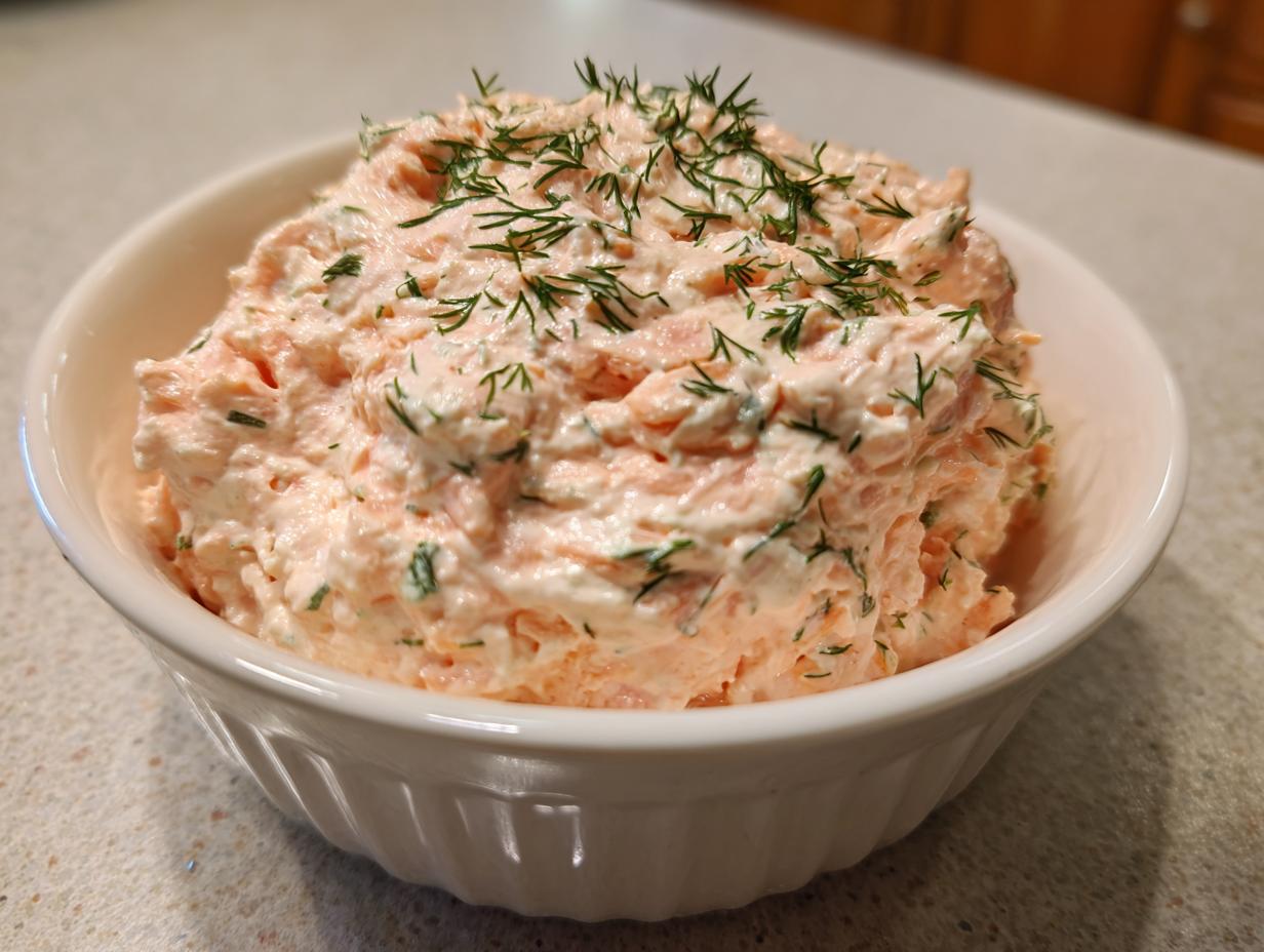 A white bowl filled with creamy, pink smoked salmon dip, generously garnished with fresh dill.
