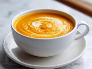 A close-up of vibrant orange squash soup garnished with a swirl of cream in a white mug.