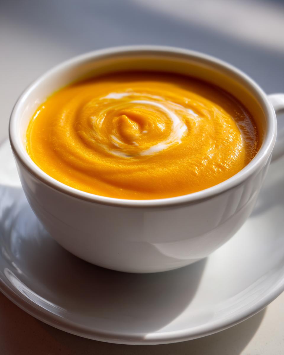 Close-up of vibrant orange squash soup topped with a swirl of cream in a white mug on a saucer.