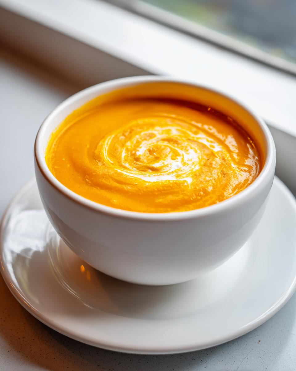 Close-up of a vibrant orange squash soup topped with a swirl of cream, served in a white bowl.