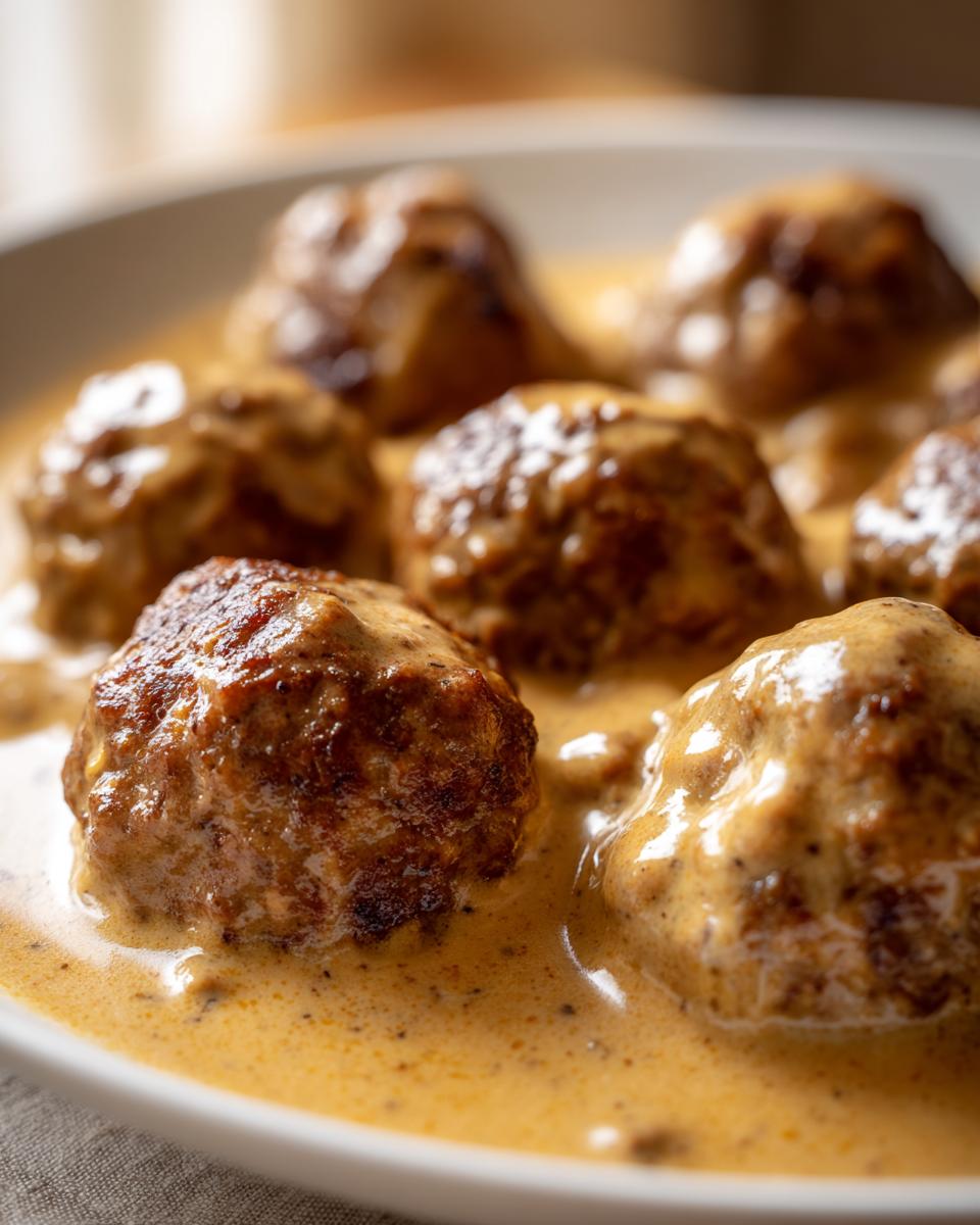 Close-up of several browned Swedish meatballs generously coated in a rich, creamy brown sauce.