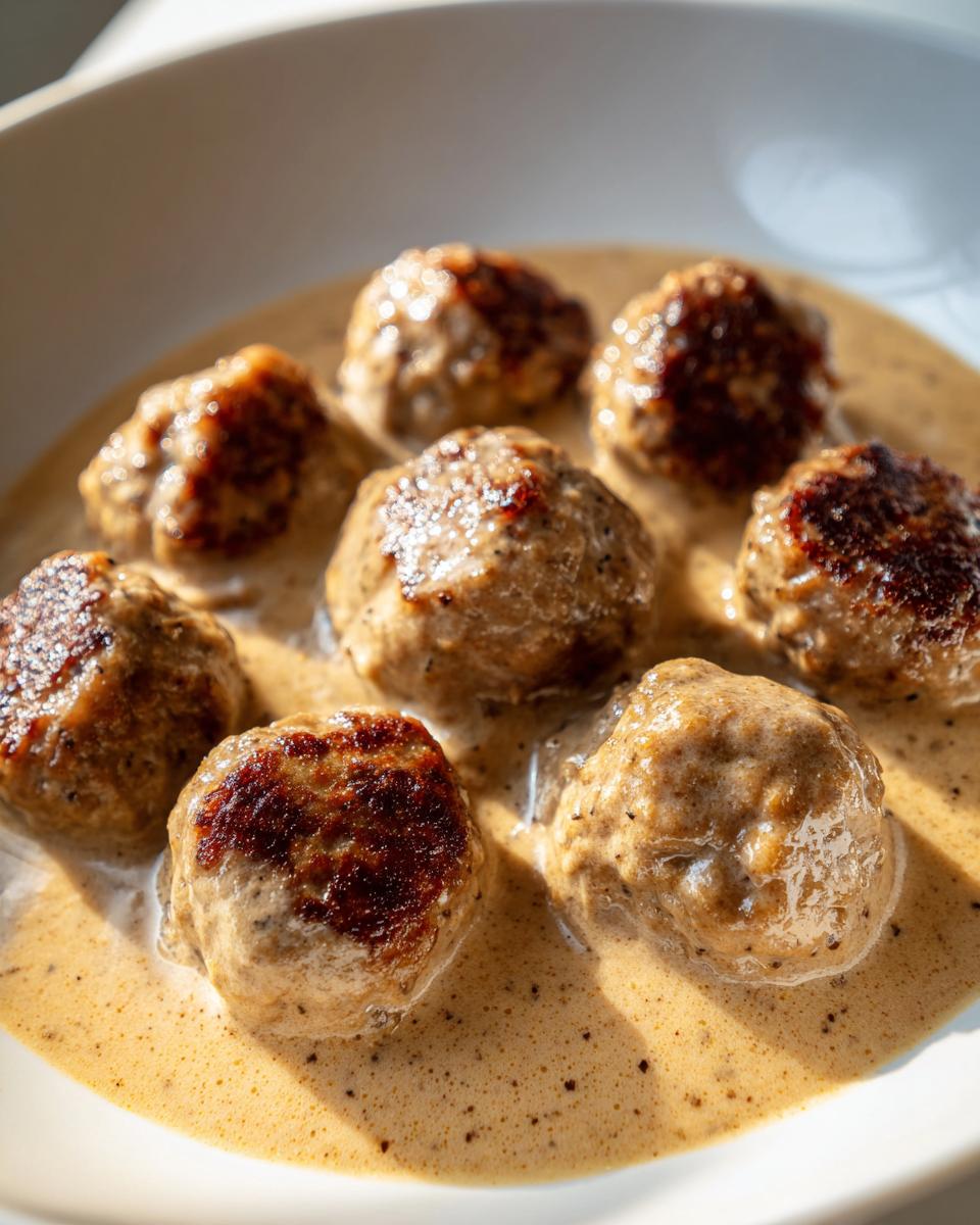 Seven perfectly browned Swedish meatballs submerged in a rich, creamy brown gravy sauce.