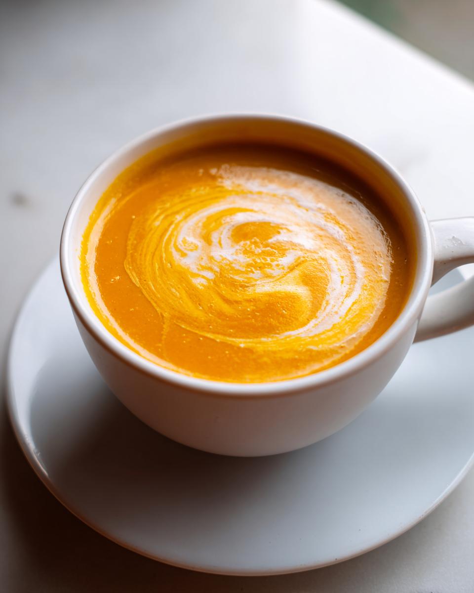 A close-up of vibrant orange squash soup in a white mug, topped with a swirl of cream.