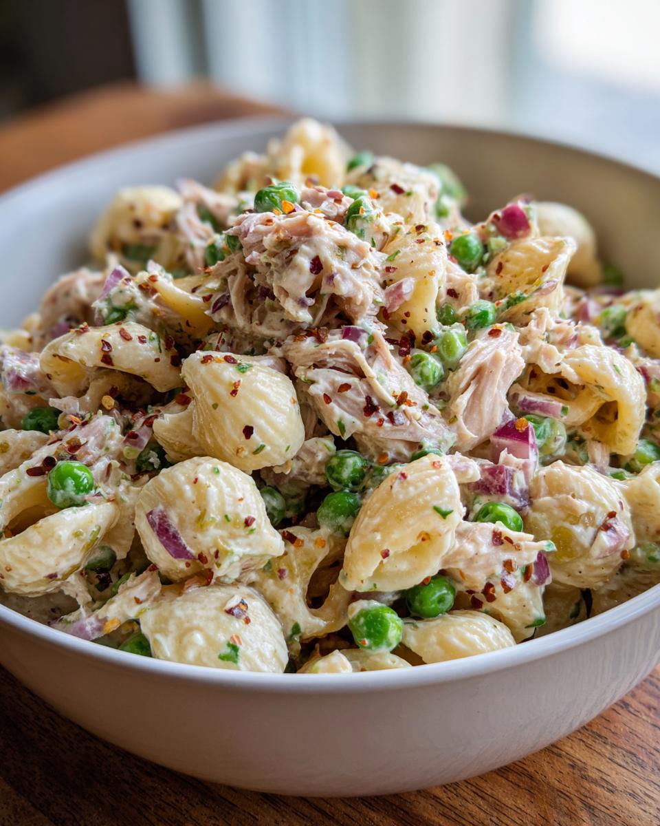 A close-up shot of creamy tuna pasta salad featuring shell pasta, flaked tuna, bright green peas, and red onion, topped with chili flakes.