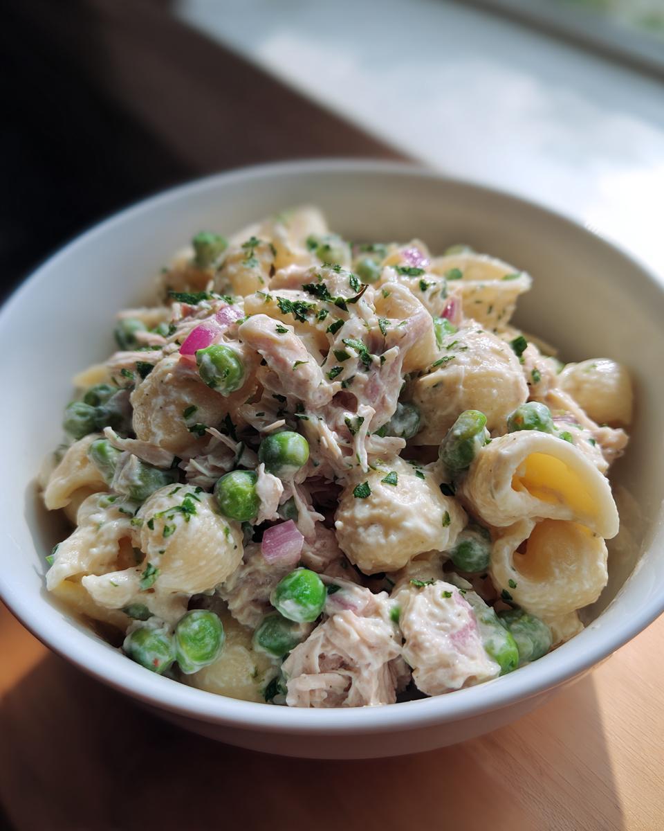 Close-up of creamy tuna pasta salad with shell pasta, green peas, and red onion, garnished with parsley.