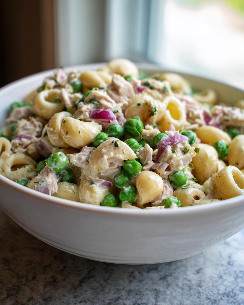 Close-up of a white bowl filled with creamy tuna pasta salad featuring shell pasta, bright green peas, and red onion.