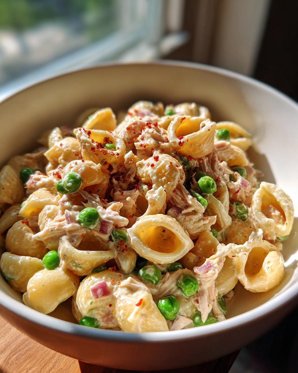 Close-up of creamy tuna pasta salad made with shell pasta, green peas, red onion, and sprinkled with red pepper flakes.
