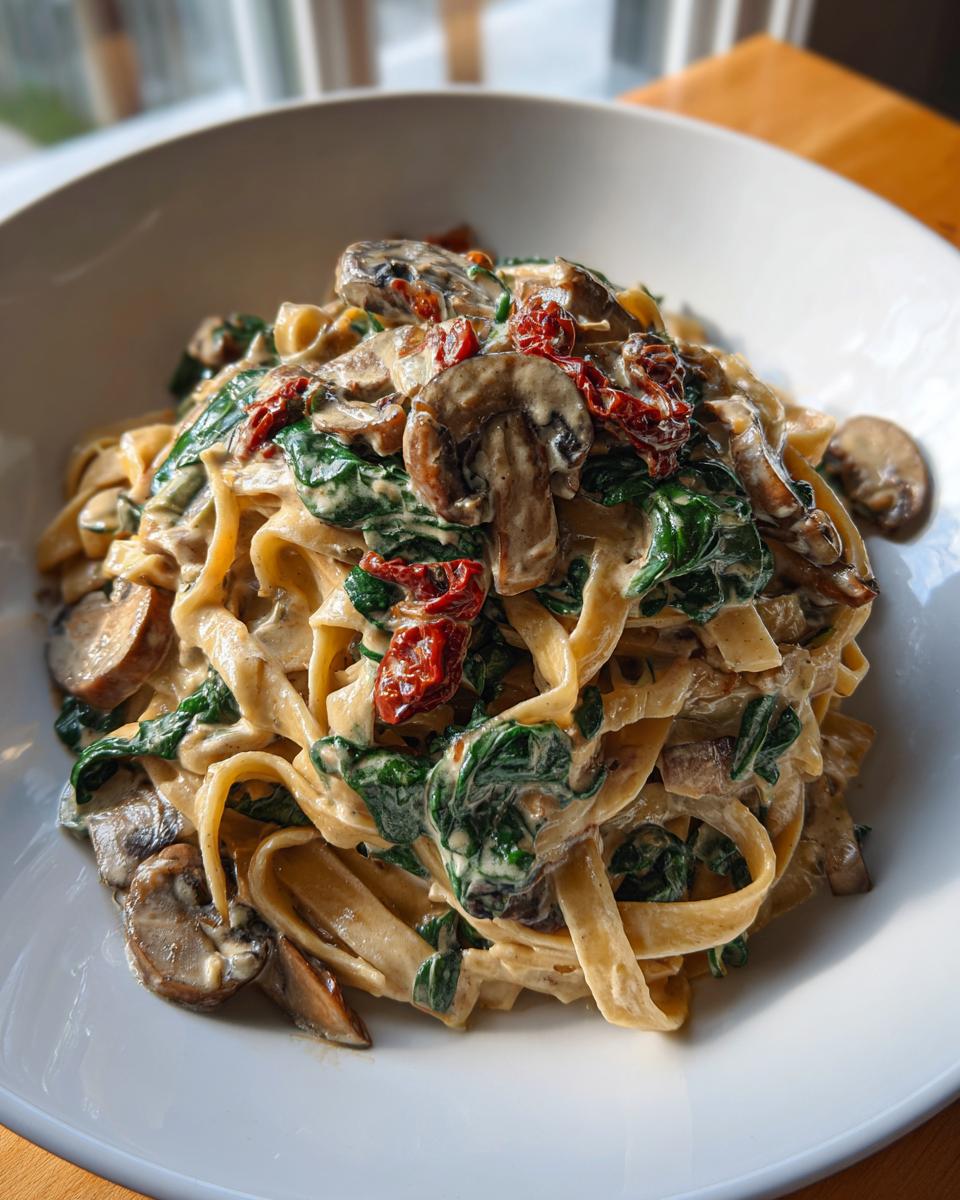 Close-up of creamy Tuscan mushroom pasta with spinach and sun-dried tomatoes served in a white bowl.