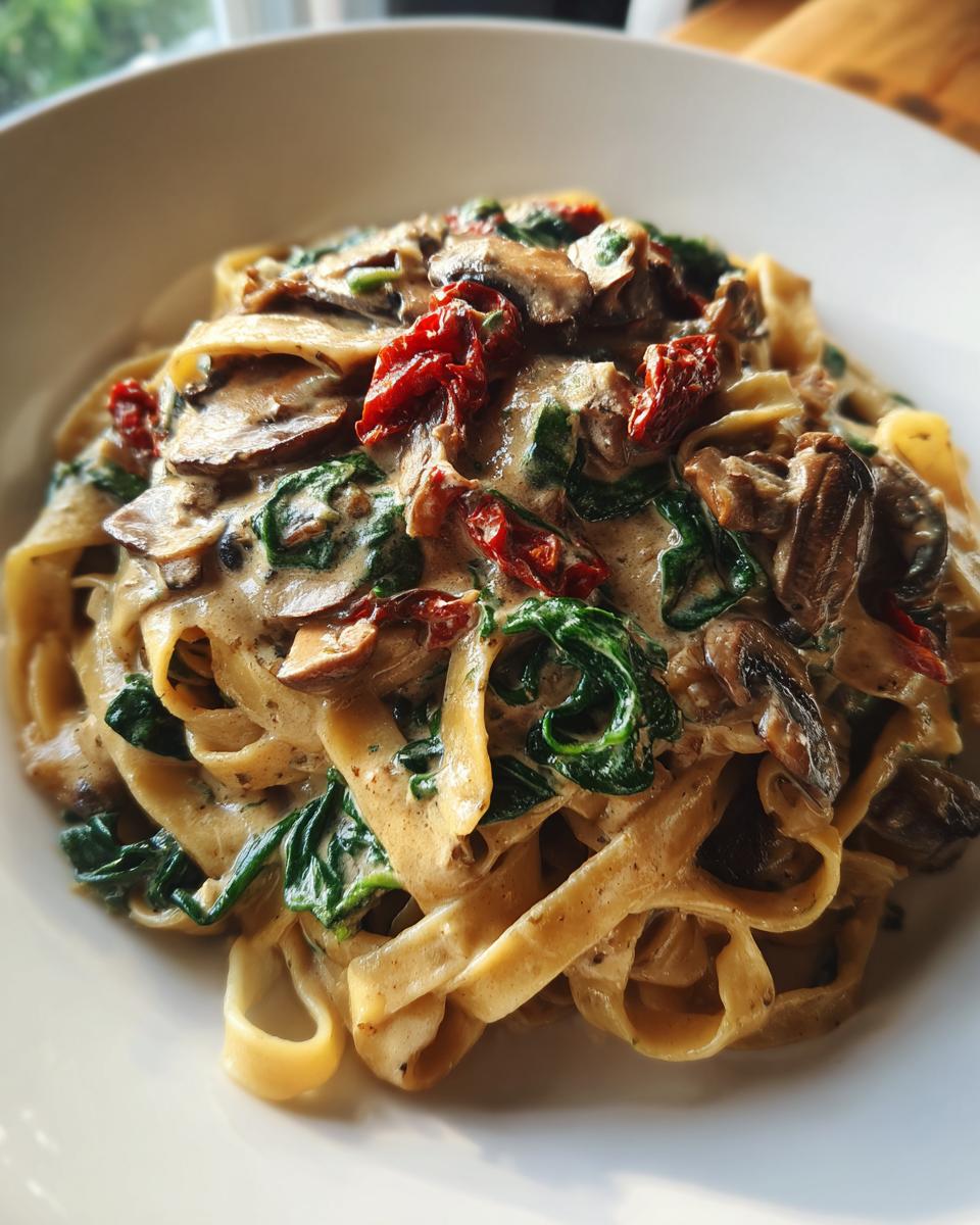 A close-up of creamy Tuscan mushroom pasta with spinach and sun-dried tomatoes tossed in a rich sauce.
