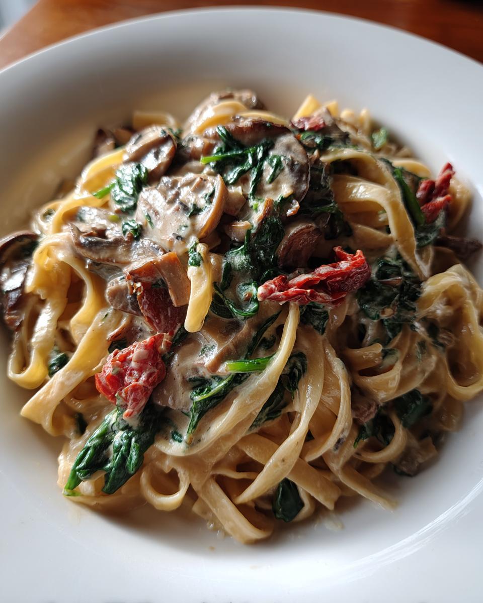 Close-up of creamy Tuscan mushroom pasta with spinach and sun-dried tomatoes tossed in fettuccine.