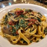 A close-up of creamy Tuscan mushroom pasta with spinach and sun-dried tomatoes served in a white bowl.