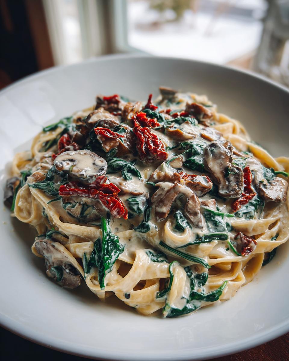 A close-up of creamy Tuscan mushroom pasta with spinach and sun-dried tomatoes served in a white bowl.