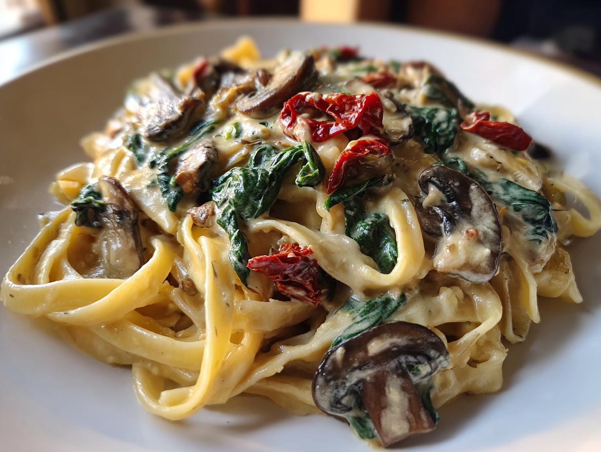 A close-up of creamy Tuscan mushroom pasta with spinach and sun-dried tomatoes coating fettuccine noodles.