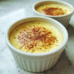 Two individual white ramekins holding creamy yellow vanilla custard cups topped with a sprinkle of brown spice.