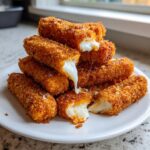 A stack of crispy buffalo chicken mozzarella sticks with melted cheese stretching out from the broken ones.