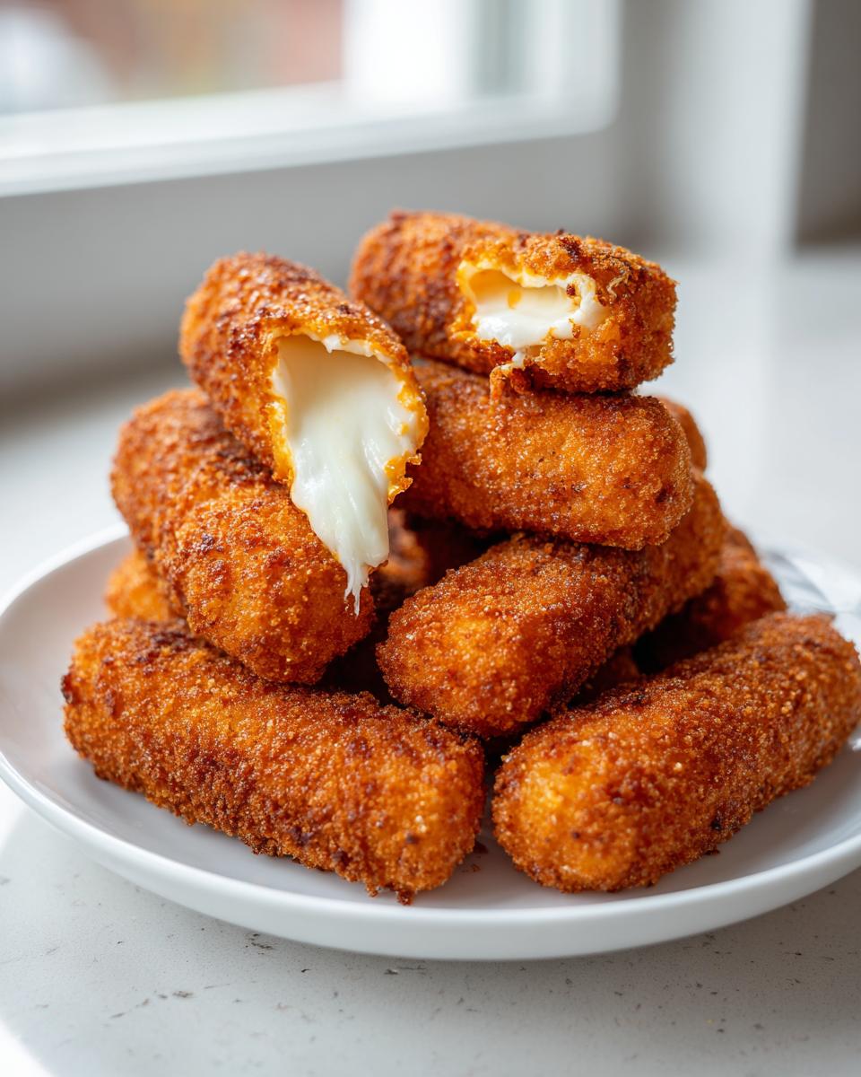 A pile of golden-brown, crispy buffalo chicken mozzarella sticks with one broken open showing melted cheese stretching out.