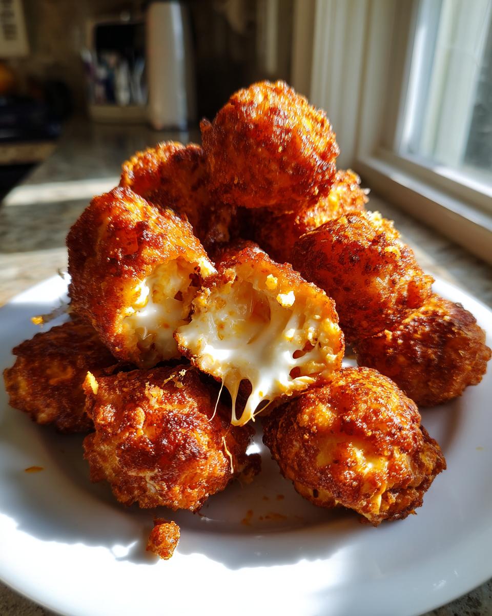 A pile of golden brown, crispy buffalo chicken mozzarella sticks with one broken open showing melted, stringy cheese.