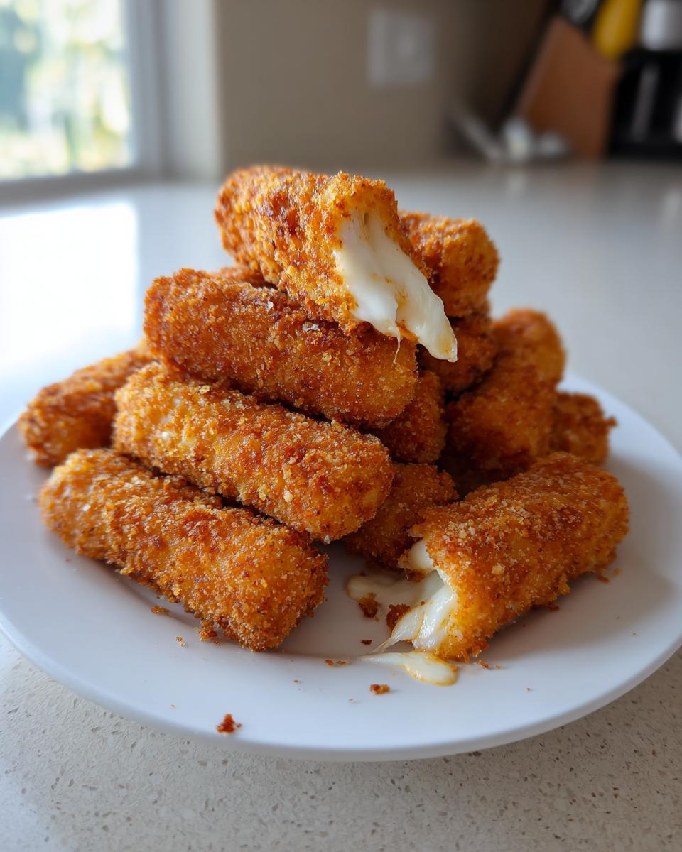 A pile of golden brown crispy buffalo chicken mozzarella sticks with one broken open showing melted cheese pull.